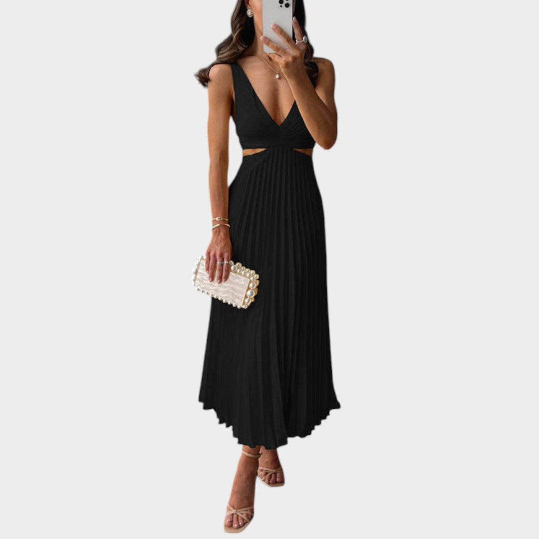 Katarina - Elegantna Haljina s V-Izrezom i Plisiranim Suknjom