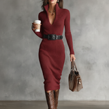 Midi Pletena Haljina S V-Izrezom Slim Fit