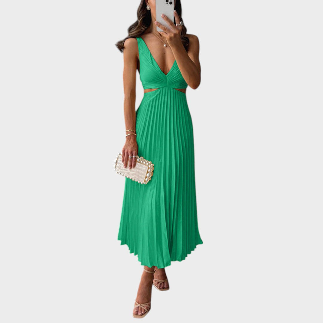 Katarina - Elegantna Haljina s V-Izrezom i Plisiranim Suknjom