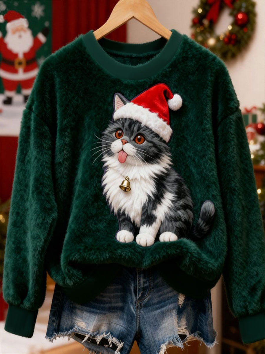 Ženski flanelasti hoodie s božićnom mačkom