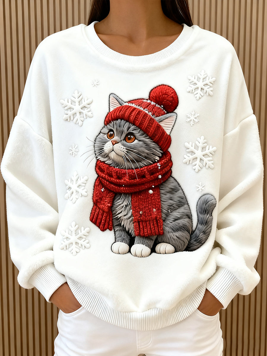 Ženski Slatki Božićni Mačak Umjetnički Print Ležerni Flanel Hoodie