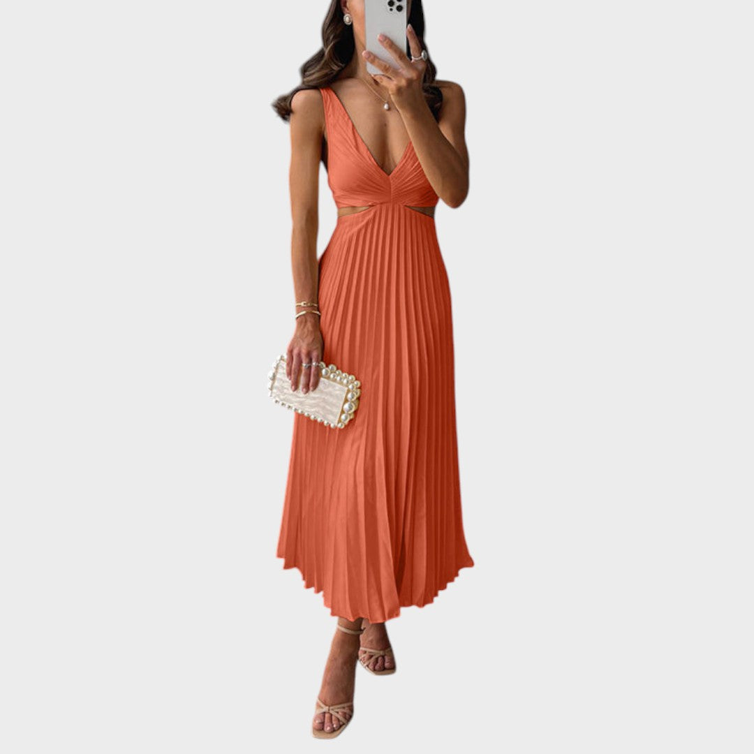 Katarina - Elegantna Haljina s V-Izrezom i Plisiranim Suknjom